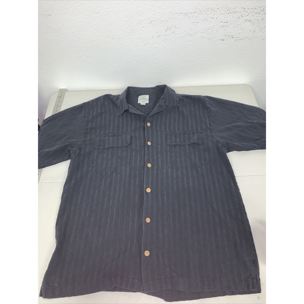 Tommy Bahama Men's Medium 100% Silk Black Button Up Shirt 2 Pocket Coconut